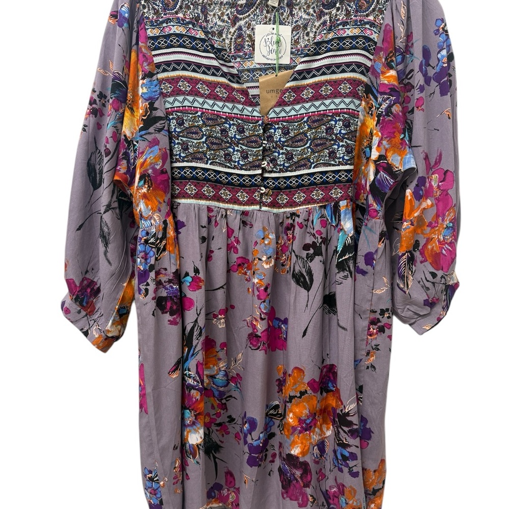 Multicolor Dress by Umgee, Adele Peasant Dress NWT Size Large 3/4 sleeve